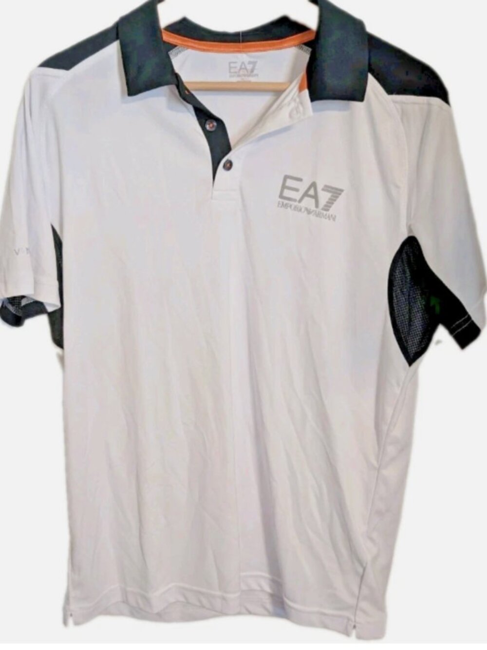 NWOT EA7 Armani Polo Mens White Black Orange Logo Athletic Designer Top LARGE